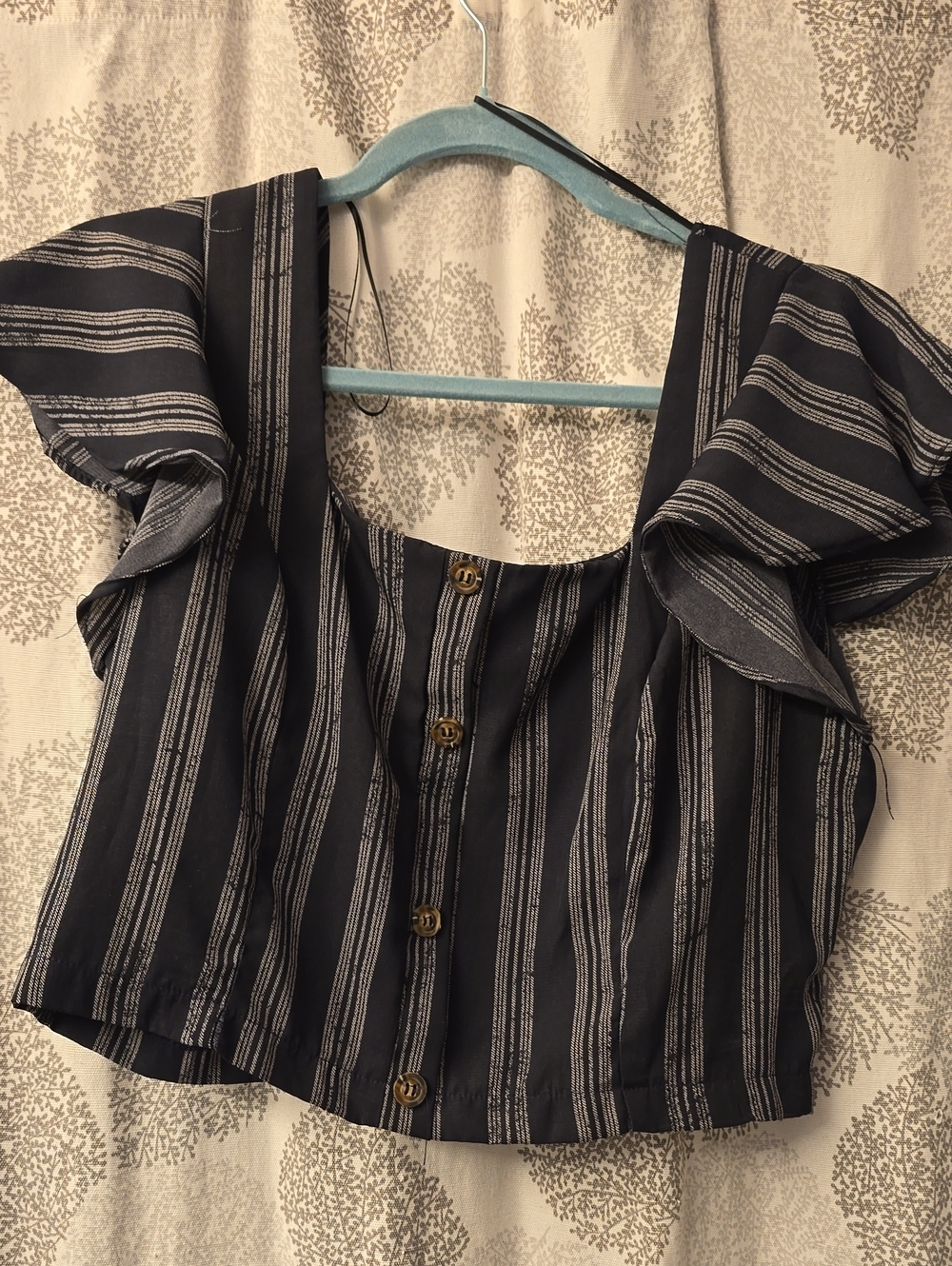 Sienna Sky Navy and White Striped Ruffle Sleeve Crop Top